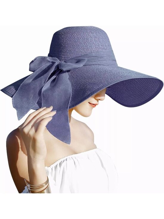Women\'s Navy Blue 5.7 Inches Big Bowknot Straw Hat Large Floppy Foldable Cap